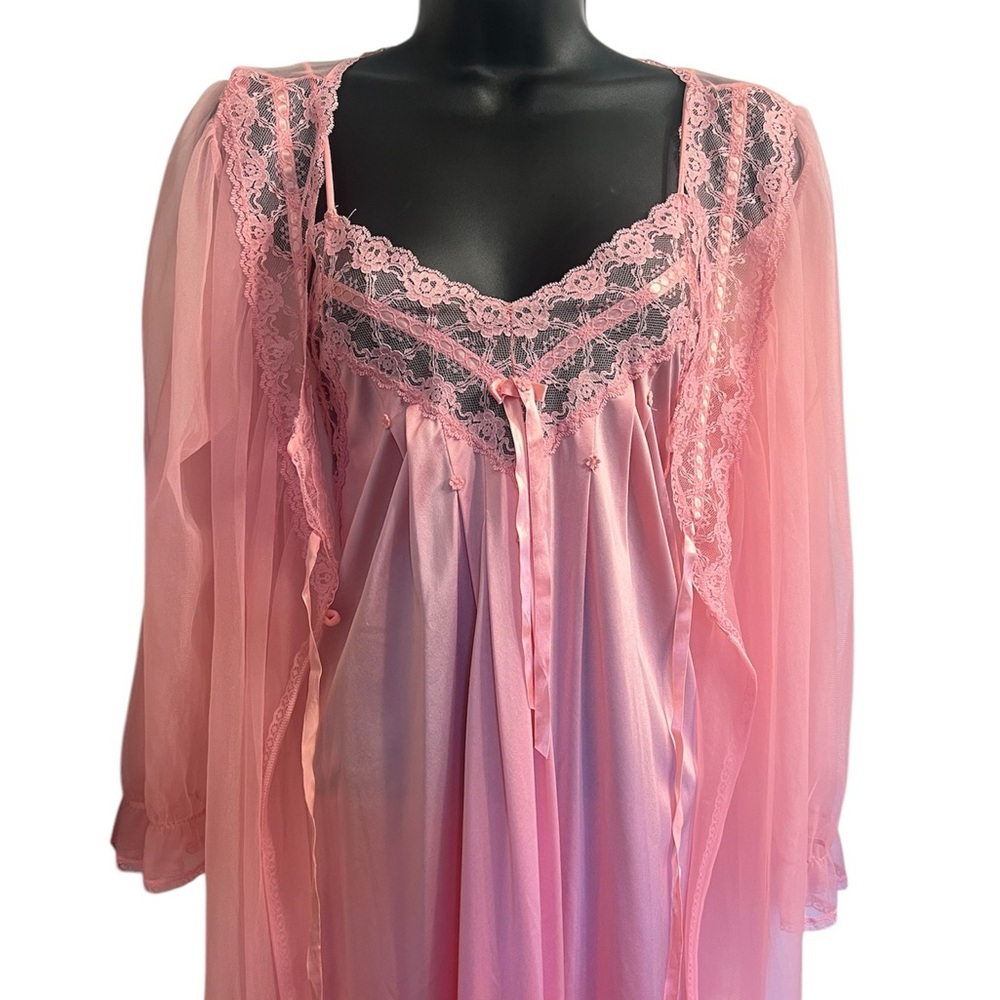 Vintage Barbizon Elegant Cotton Candy Pink Lace Trim Nightgown Set Sz Small - Picture 3 of 8